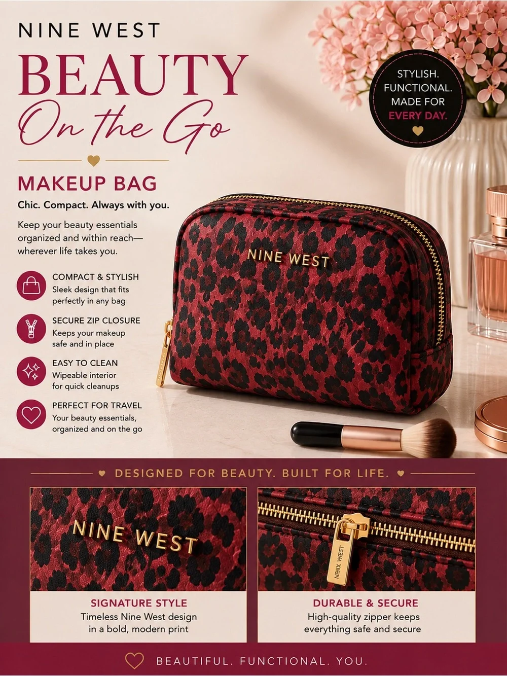 Nine West Red and Black Leopard Print Makeup Bag with Gold Zip